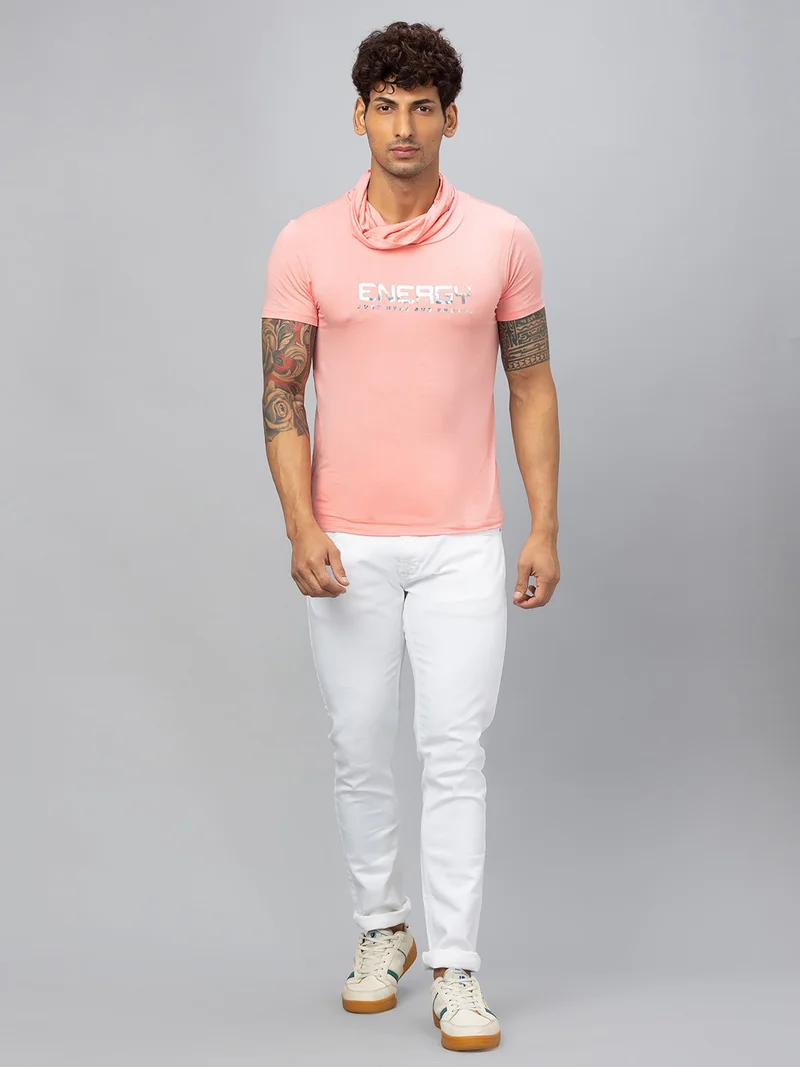 globus Globus Men Pink Printed Cotton Cowl Neck Regular Fit T-shirt